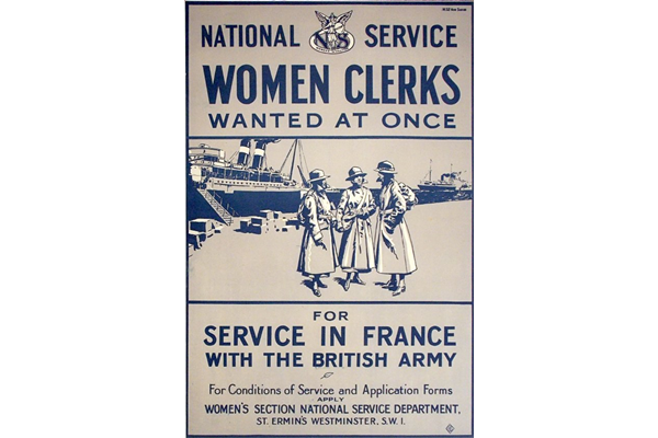 First World War propaganda poster 'Women Clerks wanted at once', published by the Women's Section, National Service Department. - 1996.100.49 ©McLean Museum and Art Gallery, Greenock.