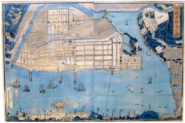 Woodblock printed 19th century map of Yokohama Harbour, Japan.- 1987.210 - ©McLean Museum and Art Gallery, Greenock.