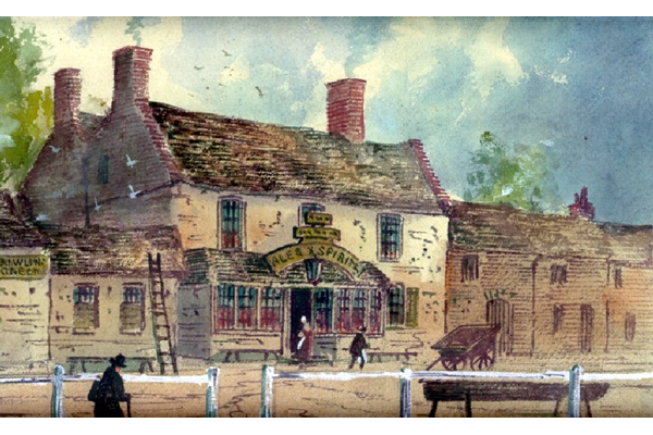 The Waggon and Horses Inn, Holyhead Road, Handsworth, Birmingham by Paul Braddon (1864-1937) - Watercolour on paper - 26.3 x 38.2 cm - 1977.663 © McLean Museum and Art Gallery, Greenock. The Waggon and Horses Inn was where James Watt was the victim of industrial espionage when a rival overheard a conversation concerning Watt's invention of the crank.