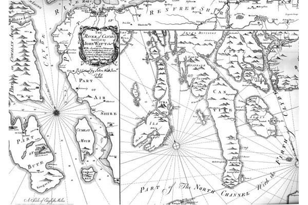 Map of the Clyde as surveyed by John Watt (1694-1737) in 1734 and published in 1758 by James Watt (1736-1819) and sold at his shop in the College of Glasgow in 1759. - 2003.14 © McLean Museum and Art Gallery, Greenock