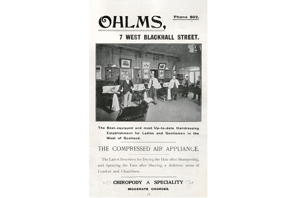 The Ohlms family originally came from Germany but anti-German prejudice during the First World War resulted in the family changing its name to 'Holms' by the 1920s. This advert dates from 1907 and refers to an early example of technology, 'The Compressed Air Appliance', being used in hairdressing. - 1907 - Lithograph on paper - 1997.123 - © McLean Museum and Art Gallery, Greenock.