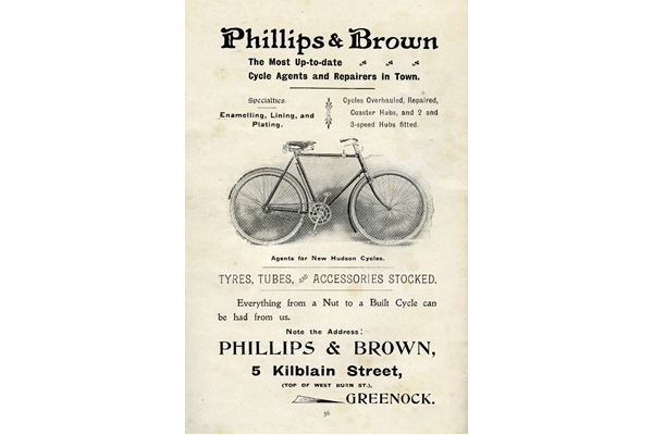 This advertisement for Philips and Brown bikes shows the popularity of cycling during the Edwardian era. Used for work, sport and leisure, the bicycle became the main means to explore the local countryside. - 1907 - Lithograph on paper - 1997.123 - © McLean Museum and Art Gallery, Greenock.