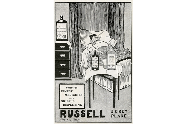 This advert for Russell's Medicines is an indication of the popularity of potions, prescribed or not, as a means curing ailments. In fact many medicines contained narcotic, alcoholic and other harmful ingredients, but this did not dent their popularity. 1907 - Lithograph on Paper - 1997.123 - © McLean Museum and Art Gallery, Greenock.