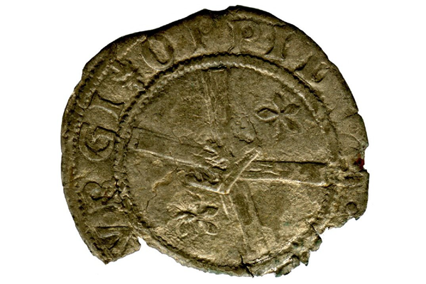 A Queen Mary Scottish Billon Bawbie, dating from the period 1542-1567, part of the Greenock Coin Hoard, made of billon. - 1978.418 © McLean Museum and Art Gallery, Greenock.