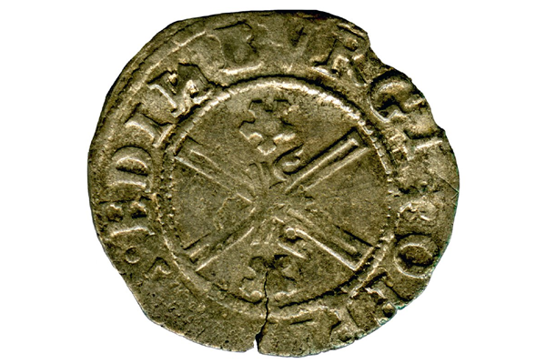 A Queen Mary Scottish Billon Bawbie, dating from the period 1542-1567, part of the Greenock Coin Hoard, made from billon. - 1978.419 © McLean Museum and Art Gallery, Greenock.