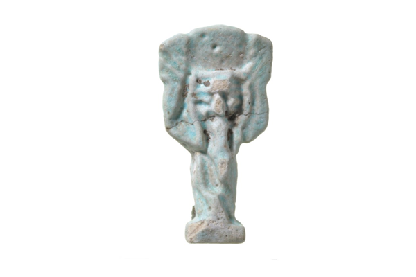 Mould-made amuletic figure in glazed composition, representing Shu (or Heh?). Made in Egypt, possibly in the 6th century BC. Excavated at the Scarab Factory, Naukratis, Nile Delta, Egypt between 1884 and 1886 by Sir William Matthew Flinders Petrie (1853-1942) - 1987.439 © McLean Museum and Art Gallery, Greenock.