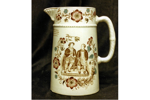 Late 19th century glazed ceramic jug manufactured by the Clyde Pottery Company, Greenock between 1875 and 1896. Decorated with the 'Tam O'Shanter' pattern. Purchased with grant-aid from the National Fund for Acquisitions. - 1987.665 - © McLean Museum and Art Gallery, Greenock.