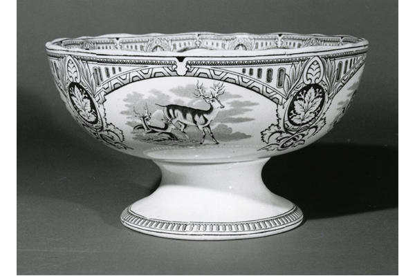 Late 19th century glazed ceramic punch bowl manufactured by the Clyde Pottery Company, Greenock. Decorated with the 'Stag' design pattern and mark 'Stag CP & Co'. - 1997.119 - © McLean Museum and Art Gallery, Greenock.