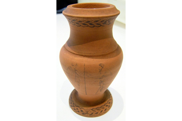 One of a pair of late 19th century commemorative unglazed terracotta amphora shaped vases manufactured by the Clyde Pottery Company, Greenock. - 1977.161 - © McLean Museum and Art Gallery, Greenock.