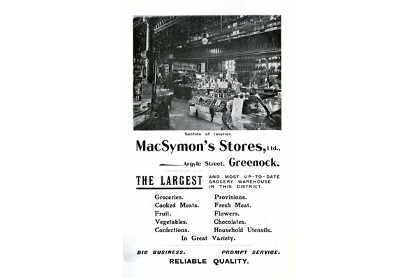 MacSymon's Stores - Advertisement from 1906 - MacSymon's operated a network of grocery shops in the Inverclyde area. - 1997.122 - © McLean Museum and Art Gallery, Greenock
