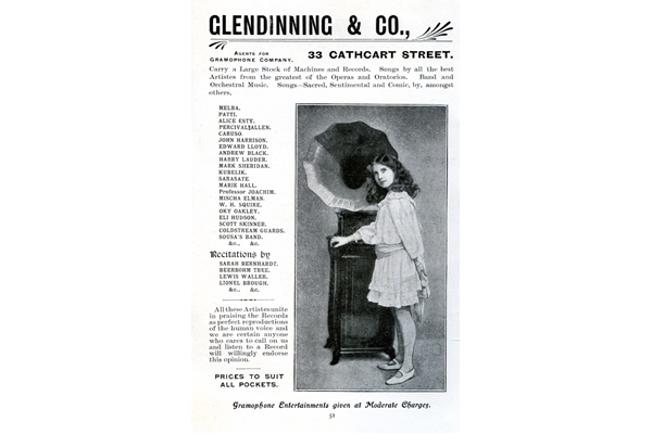 Glendinning and Co. - Advertisement from 1907 - Glendinning supplied the latest in entertainment for wealthy homes, in this case, the gramophone. - 1997.123 - © McLean Museum and Art Gallery, Greenock