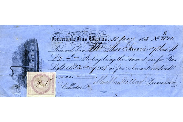 Gas bill receipt from Greenock Gas Works to a Thomas Farrie of 17 Charles Street, Greenock. The bill was two pounds is dated 30th January 1868. - 1983.61 - © McLean Museum and Art Gallery, Greenock