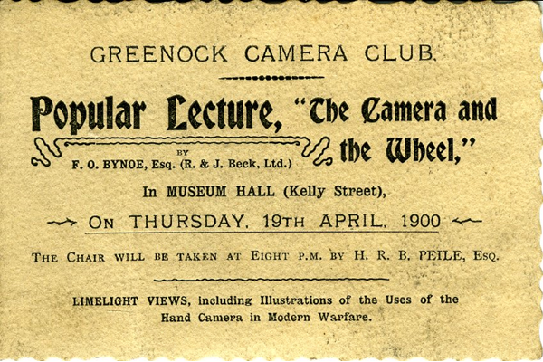Admission ticket for Greenock Camera Club lecture: 'The Camera and the Wheel' held in the Watt Hall, McLean Museum on Thursday 19th April 1900. - 1995.25 - © McLean Museum and Art Gallery, Greenock