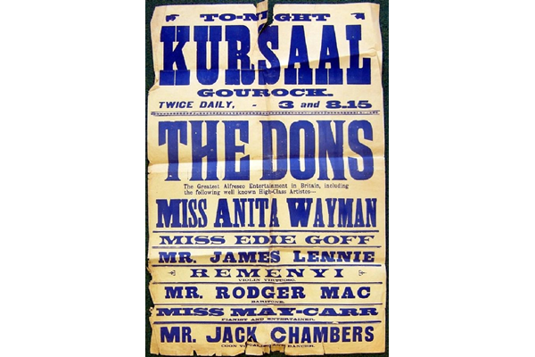 Poster for the Gourock Kursaal from the 1930s- The Kursaal was built as a roller-skating rink but also held concerts, showed pictures and mounted other entertainments. - 1983.69 - © McLean Museum and Art Gallery, Greenock