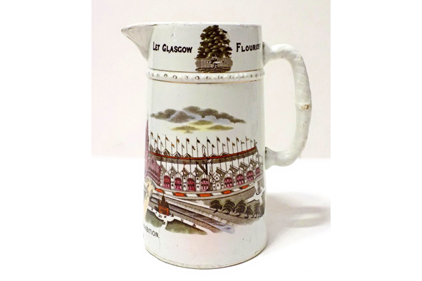 Commemorative jug manufactured by the Clyde Pottery Company, Greenock marking the Glasgow Exhibition of 1888. Decorated with the 'Glasgow Exhibition' pattern. - 1987.689 - © McLean Museum and Art Gallery, Greenock.