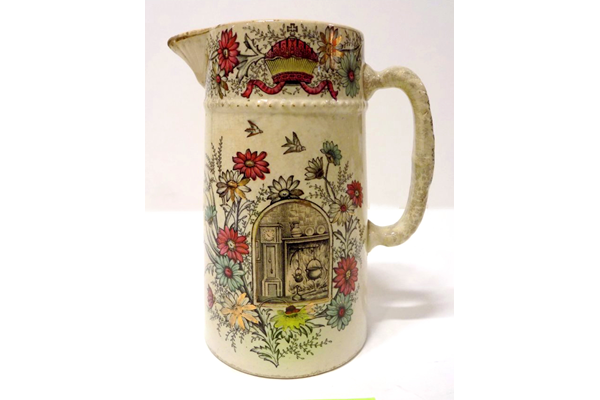 Jug manufactured by the Clyde Pottery Company, Greenock between 1862 and 1900. Decorated with the 'Cottage' pattern. - 2001.26 - © McLean Museum and Art Gallery, Greenock.