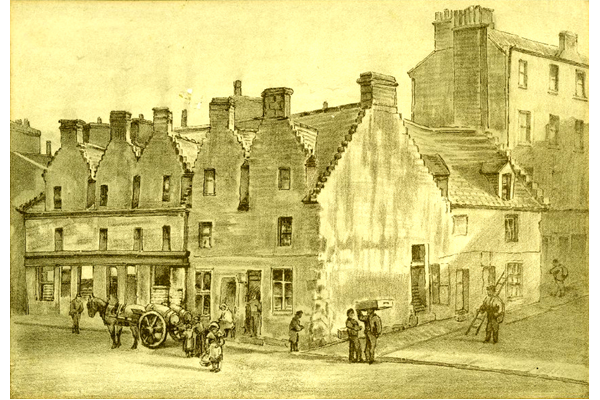 'The House with Five Gables, William Street, Greenock' - lithograph print after a painting by Patrick Downie (1854-1945) published in 1891. - 2012.39 - ©McLean Museum and Art Gallery, Greenock.