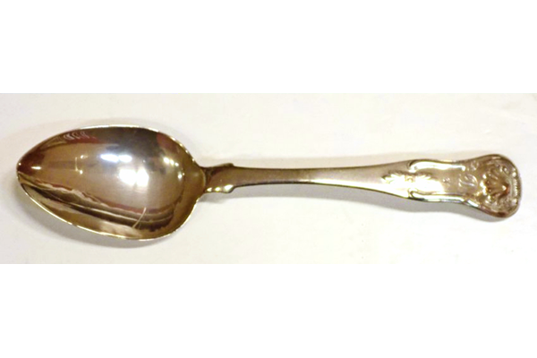 Greenock provincial silver teaspoon. Kings pattern with drop heel. Engraved initial 'D' over number '3'. Five marks: Gothic script F.S., capital letter 'G', a rose, a thistle and a ship. Greenock assay marks circa 1800. - 1982.5 - ©McLean Museum and Art Gallery, Greenock.
