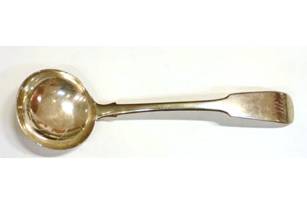Early nineteenth century Greenock provincial silver toddy or cream ladle dating from around 1820 with five hallmarks: 'JS', 'G', unknown, thistle, sailing ship. - 2001.7 - ©McLean Museum and Art Gallery, Greenock.