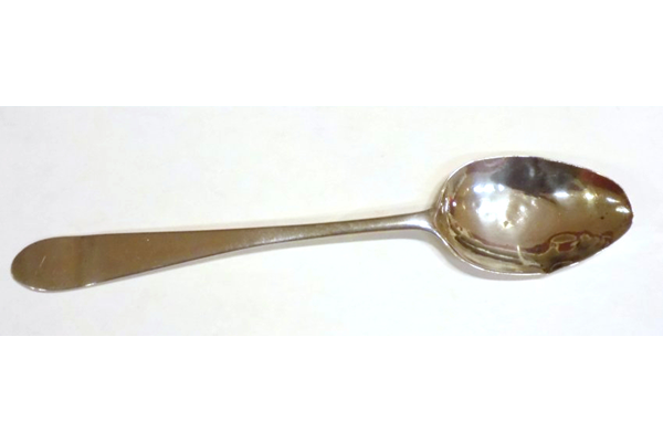 Early nineteenth century Greenock provincial silver teaspoon. George III old English style. Maker's mark 'TD' with Greenock assay marks of anchor and green oak. Dated around 1800. - 1980.36 - ©McLean Museum and Art Gallery, Greenock.