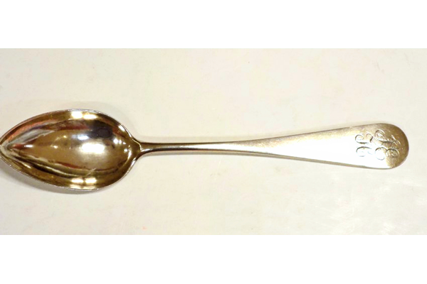 Greenock provincial silver teaspoon made by William Hannay (fl 1794-1838) of Paisley. Two maker's marks 'WH' and anchor, very worn, with monogram 'IEH' engraved on handle. - 1980.76 - ©McLean Museum and Art Gallery, Greenock.