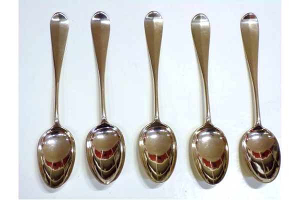 A set of Greenock provincial silver tablespoon, made by John Taylor (fl 1750-1785). Hanoverian period made circa 1775 with three hallmarks: 'IT', anchor and 'S'. - 2001.8.1-.5 - ©McLean Museum and Art Gallery, Greenock.