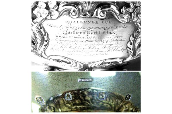 This image shows the elaborate inscription plate on John Heron's trophy for the Northern Yacht Club along with the marks that appear on the base. - ©McLean Museum and Art Gallery, Greenock.