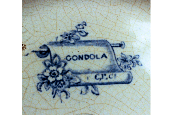 The ‘Gondola’ pattern features a rather improbable multi-oared boat with a stern canopy in a lacustrine scene with 'Italianate' buildings. It was widely used on toilet-sets, punch-bowls and jugs, but it is not always marked. The mark is usually blue printing on a scroll’ GONDOLA’ over C.P.C. Co. © McLean Museum and Art Gallery, Greenock.