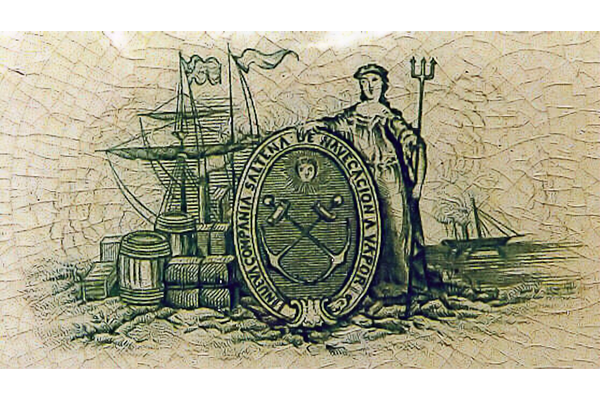 This mark illustrates part of the Clyde Pottery business in supplying ceramics to ships. This example is found on a dinner plate and was made for the 'NUEVA COMPANIA SALTENA DE NAVECACION A VAPOR.' © McLean Museum and Art Gallery, Greenock.