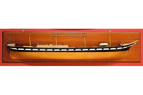 Original builder's model of the sv Palgrave. The ship was built by William Hamilton & Co. of Port Glasgow as yard No 60 and was launched on Tuesday, 5 August 1884. - 1987.173 - © McLean Museum and Art Gallery, Greenock