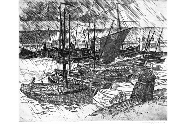 Stormy Day in Harbour by William Niven (1890-1947) - Etching on paper - 22.6 x 27.8 cm - 1926 - © McLean Museum and Art Gallery, Greenock