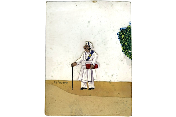 Man walking with cane and book - 19th century Indian gouache painting on mica - 1976.25.15 - © McLean Museum and Art Gallery, Greenock-
