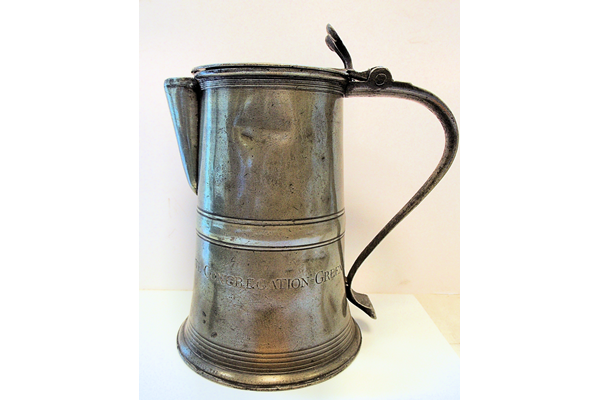 Eighteenth century pewter flagon with handle, lid and spout made by Stephen Maxwell of Glasgow around 1780 - 1976.109 - © McLean Museum and Art Gallery, Greenock
