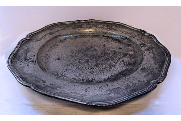 Eighteenth century domestic pewter dish by George Bacon (fl 1740-1760) of London. - 1976.112 - © McLean Museum and Art Gallery, Greenock