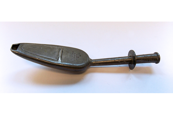Domestic 'Gibson spoon' type pewter castor oil spoon with long covered bowl with hollow stem. Marked 'A. GREEN, SHEFFIELD' & 'G crown R'. - 1976.134 -© McLean Museum and Art Gallery, Greenock
