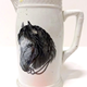 Jug manufactured by the Clyde Pottery Company, Greenock. Decorated with the 'Roseberry' pattern showing a horse's head on each side, handed with bridle & tassels, printed in black, possibly commemorating Lord Rosebery's racing successes. Purchased with grant-aid from the National Fund for Acquisitions. - 1987.693 - © McLean Museum and Art Gallery, Greenock.