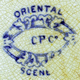 ‘Oriental Scenery’ pattern features an oriental lake with terracing in the foreground, feathery palm-tree, distant river mountains and border. The background is a chess-board pattern; blue printing. The oval cartouche contains the mark C.P.CO. offset to the right and sometimes the mark T.C.P.Co., with the T faint, indicating the Shirley period and use by their successors. Also found with impressed maple-leaf with C.P.COY with serifs. © McLean Museum and Art Gallery, Greenock.