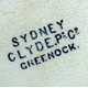 The Sydney pattern uses floral and geometric patterns; it has cornflower sprays (like Mayflower). The pattern has been found printed grey on plates and ashets. The mark is SYDNEY over CLYDE Pt. Co. over GREENOCK. © McLean Museum and Art Gallery, Greenock.